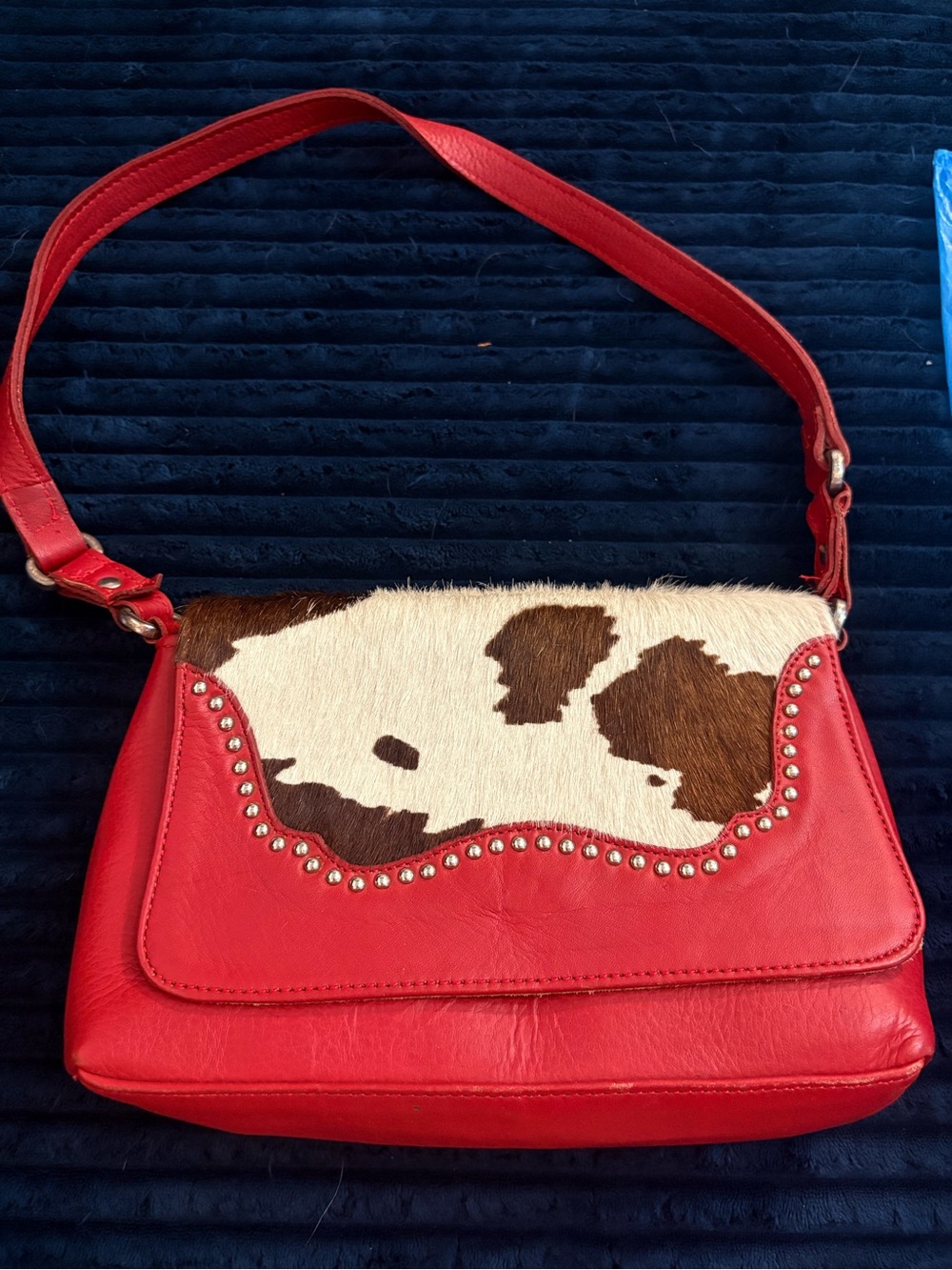 American West Red Leather Shoulder Bag with Brown-and-White Cowhide Flap